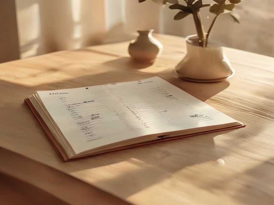 Daglig tidsschema och energiövervakning på ett skrivbord med anteckningsbok